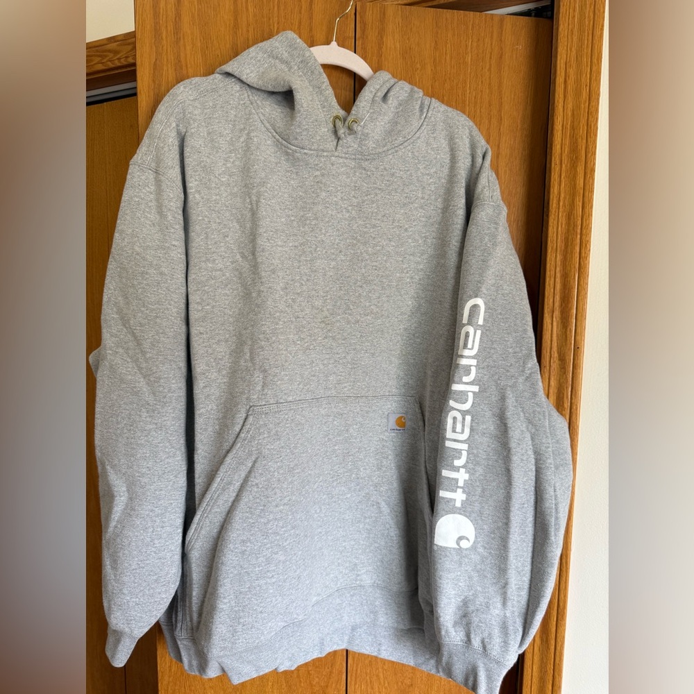 LIGHTLY USED: Carhartt Gray Pullover Hoodie with Sleeve Logo